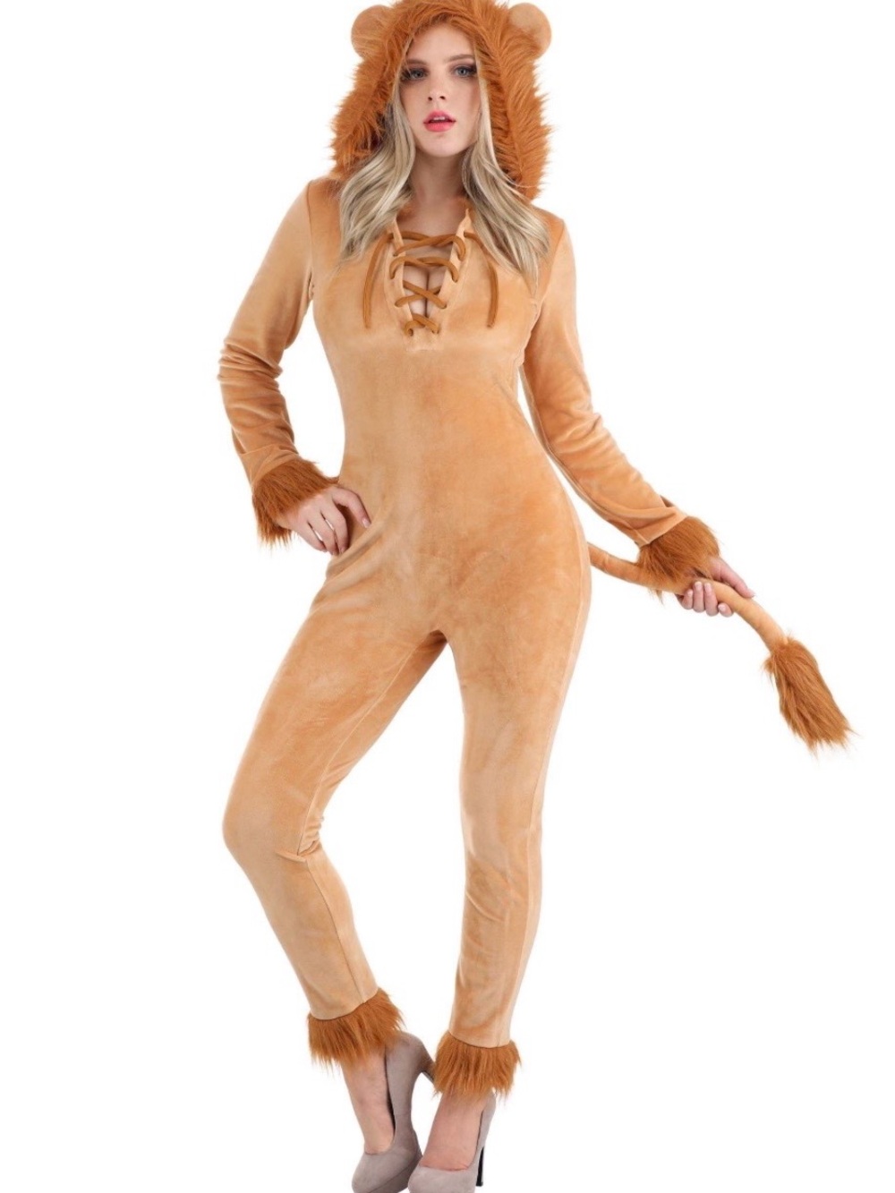 Halloween Costumes Women Lion Jumpsuit Costume Size S With Fur Hood And Tail